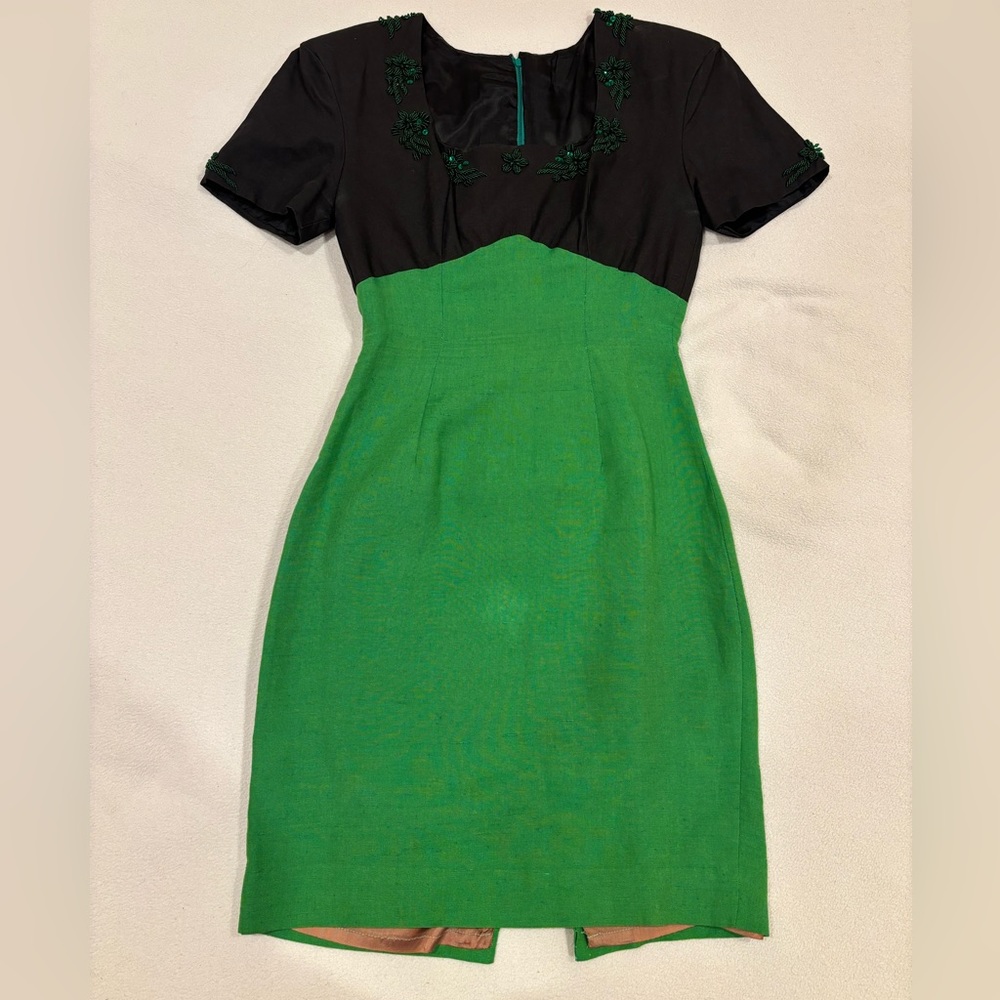 Vintage Handmade Green and Black Linen Dress